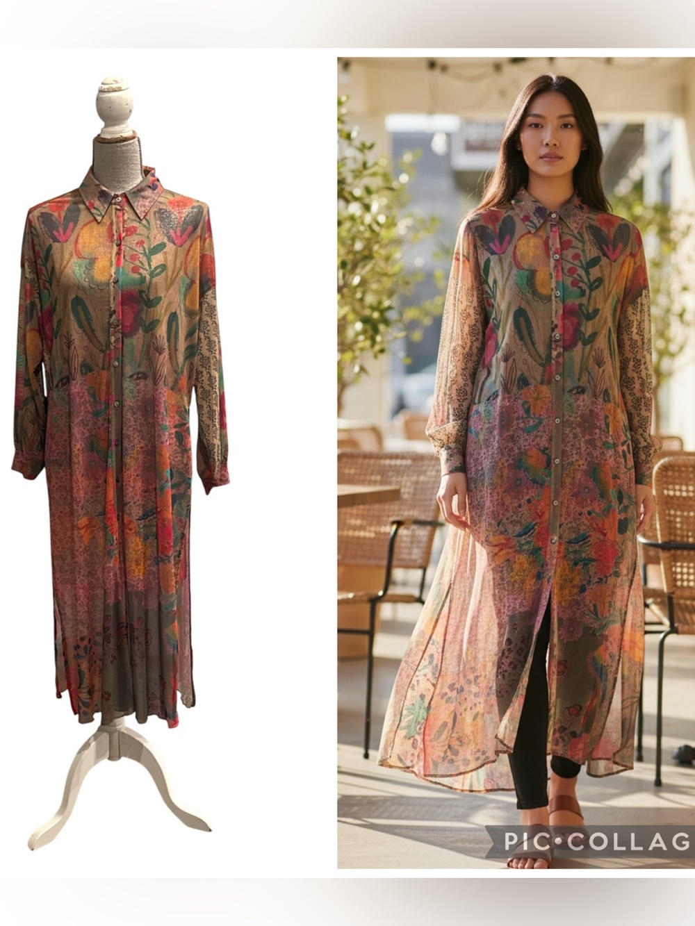 Natural Life Brown Multi Sheer Floral Duster Kimono Cover Up XS/S